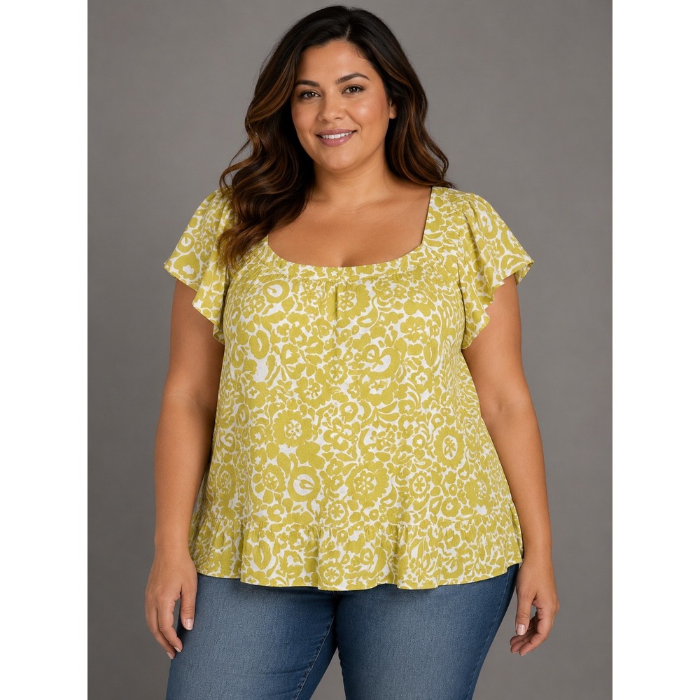Ces Femme Floral Peplum Blouse‎ 2X Boho Cottagecore Flutter Sleeve Top